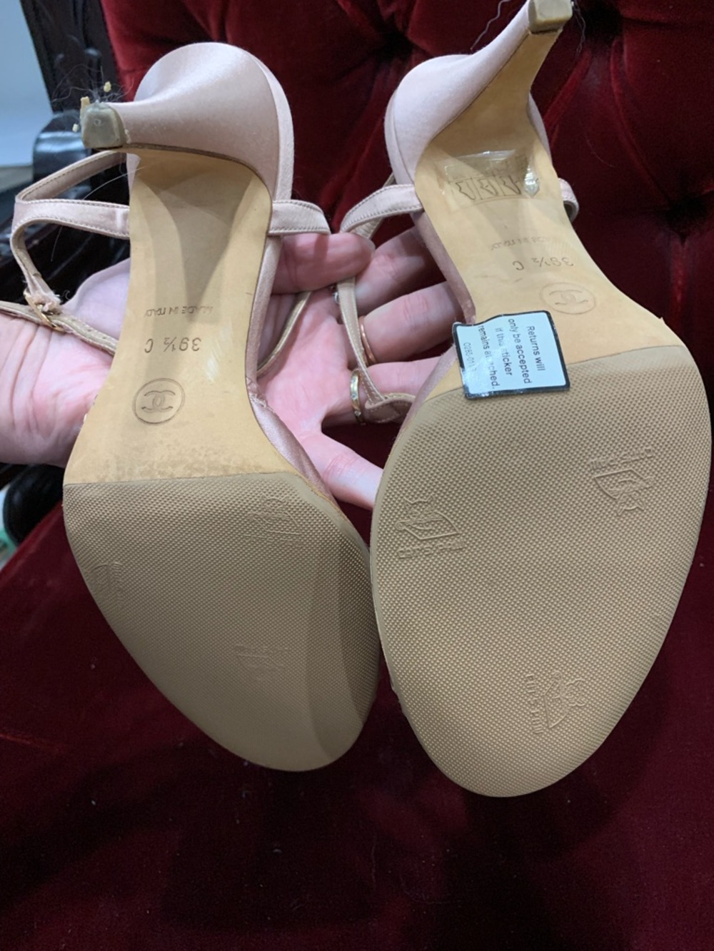 CHANEL Blush Pink Satin Slingback Heels with Rosette Detail - Picture 5 of 7